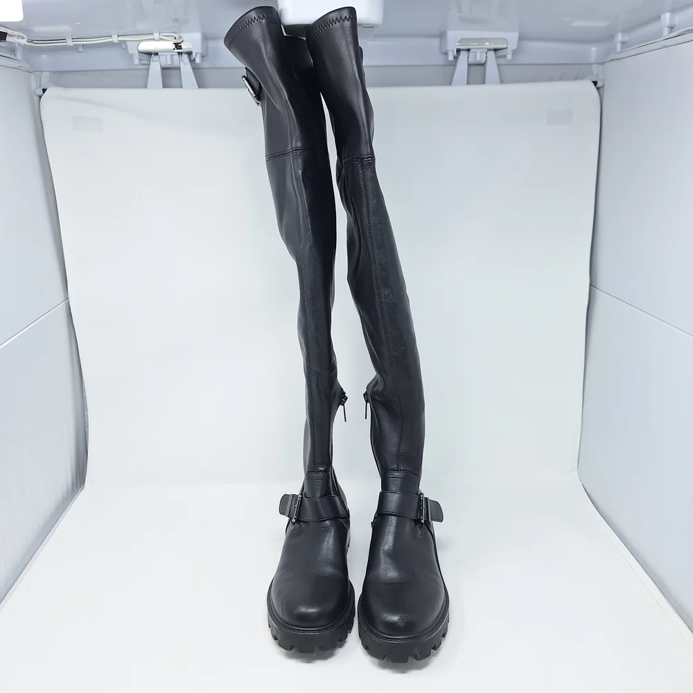 Marc Fisher Ganven Lug Sole Black Biker Thigh-High Boots With Buckles